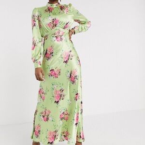 ASOS Green Pink Floral Maxi Tea Dress US 4/UK 8 Satin Feel 1631596